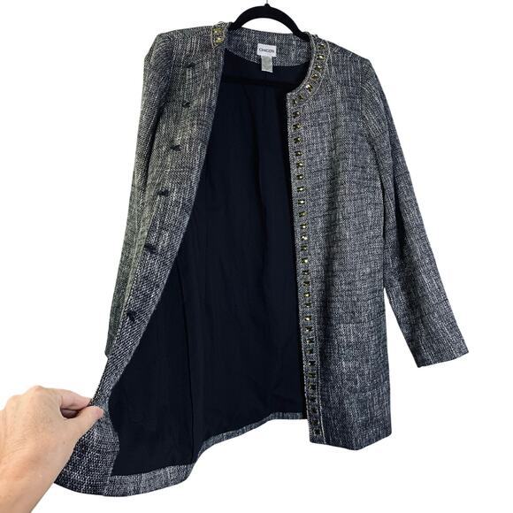 CHICO'S Blazer Jacket Duster Topper Coat Tweed Jeweled‎ Hook Metallic Thread - Picture 3 of 16